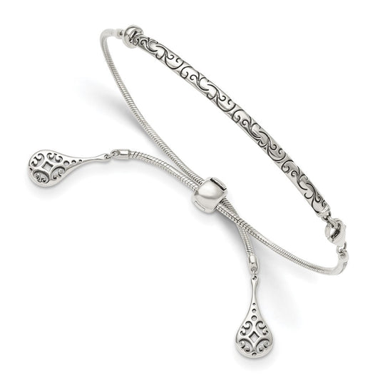 Sterling Silver Antiqued Filigree Drops Adjustable Bracelet QG3638