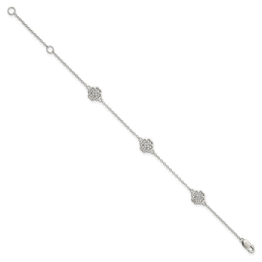 Sterling Silver Rhodium-plated Polished CZ Four Leaf Clover 7in Bracelet QG3910-7