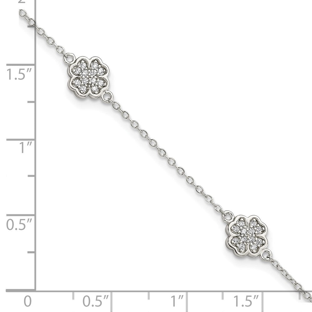 Sterling Silver Rhodium-plated Polished CZ Four Leaf Clover 7in Bracelet QG3910-7