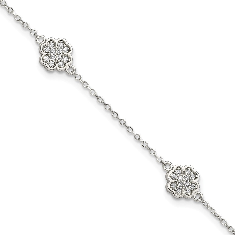 Sterling Silver Rhodium-plated Polished CZ Four Leaf Clover 7in Bracelet QG3910-7