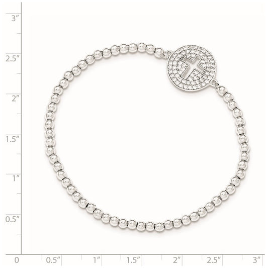 Sterling Silver Rhodium-plated CZ Cross Polished Beaded Stretch Bracelet QG3912