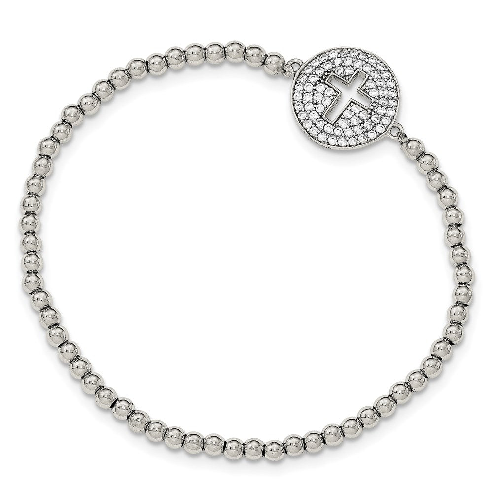 Sterling Silver Rhodium-plated CZ Cross Polished Beaded Stretch Bracelet QG3912
