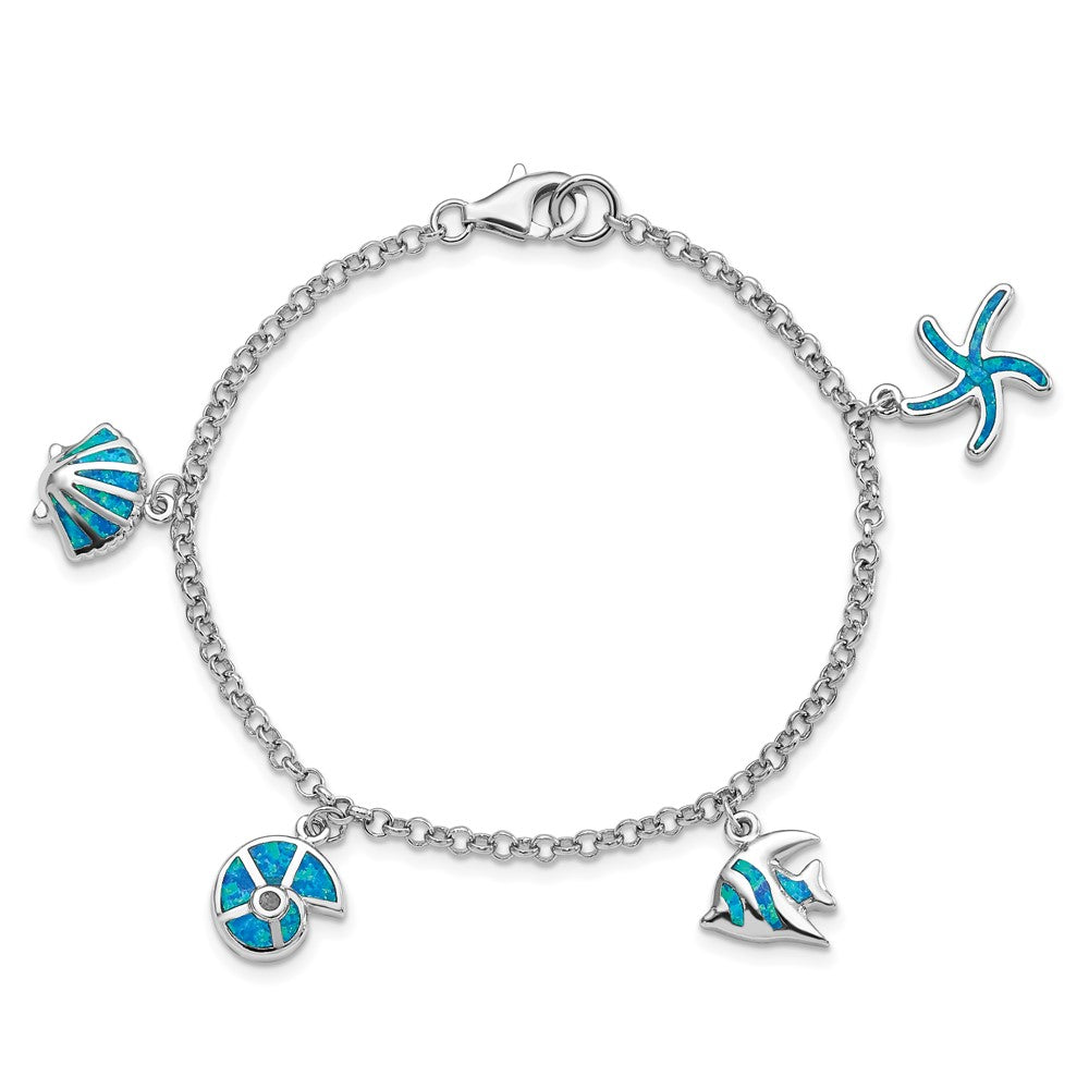 Sterling Silver Rhodium Created Opal Fish and Shells Charm 7.25 inch Bracelet QG3989-7.25