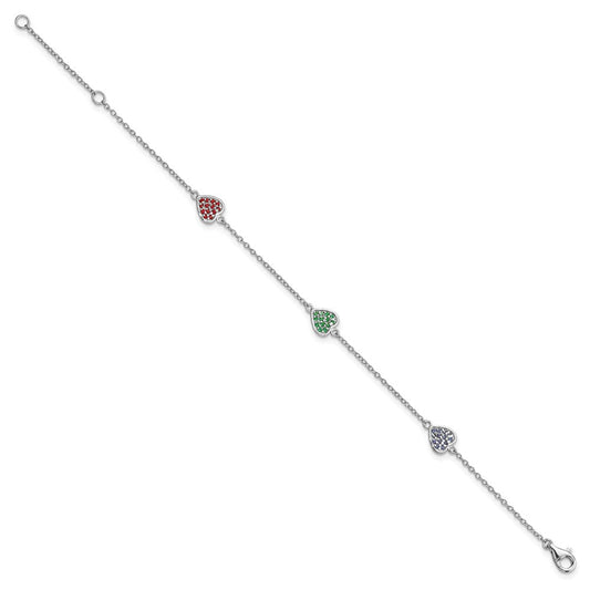 Sterling Silver Rhodium-plated Red, Green and Blue Glass Hearts with 1 Inch Extension Bracelet QG4080-6