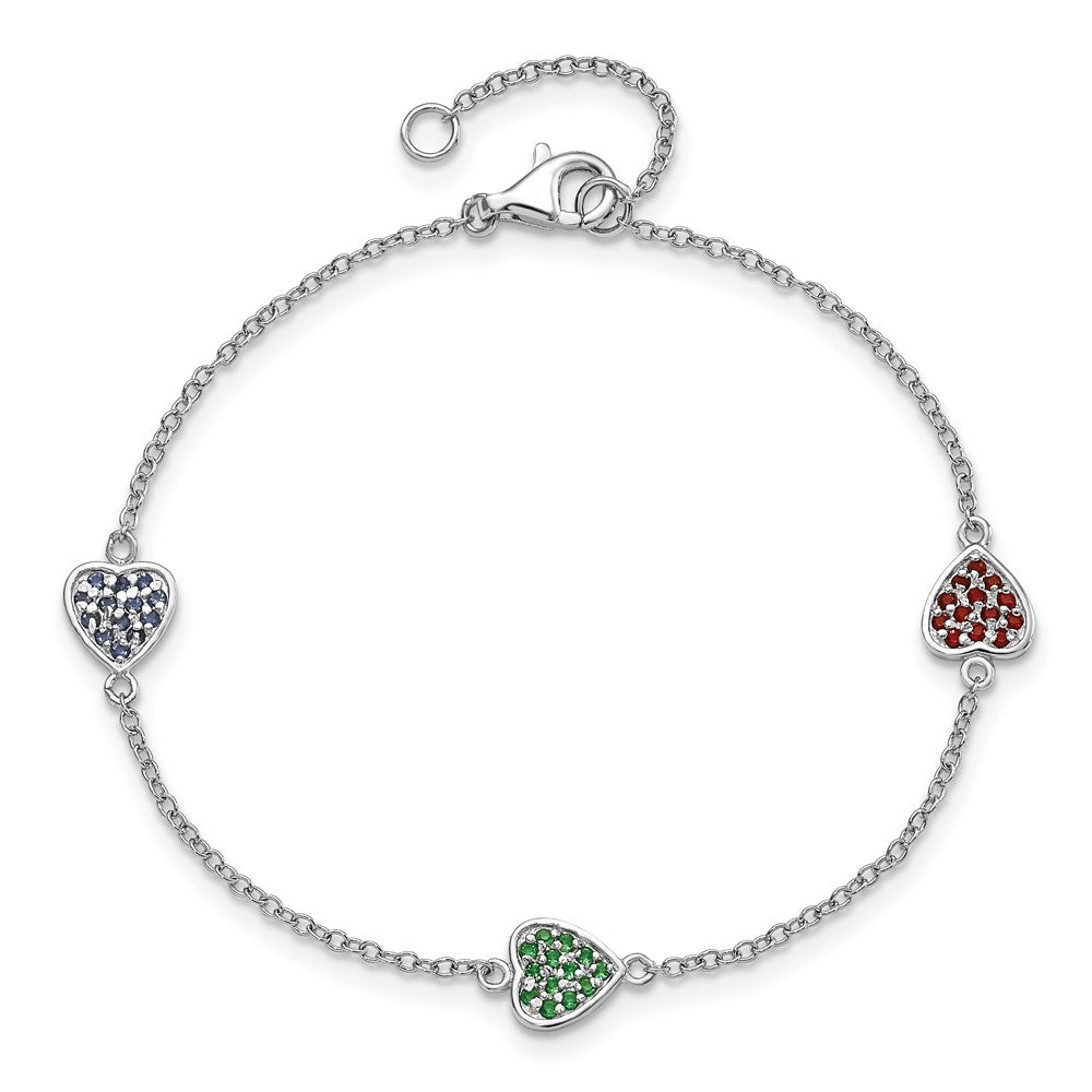 Sterling Silver Rhodium-plated Red, Green and Blue Glass Hearts with 1 Inch Extension Bracelet QG4080-6