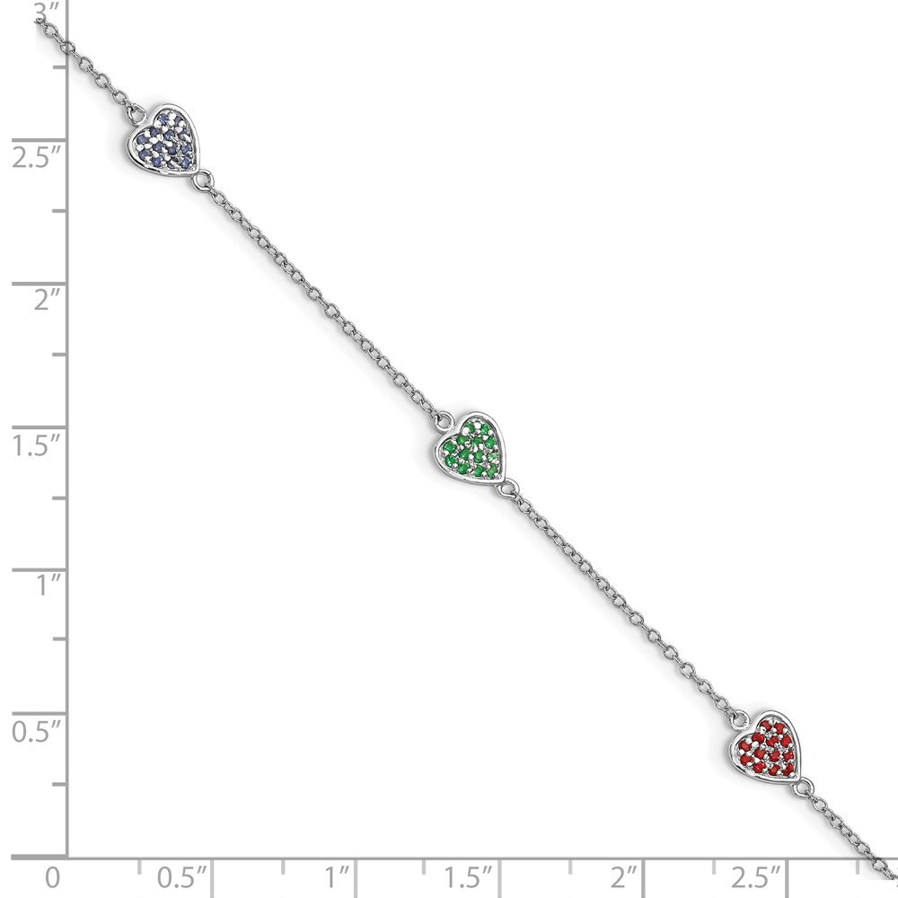 Sterling Silver Rhodium-plated Red, Green and Blue Glass Hearts with 1 Inch Extension Bracelet QG4080-6