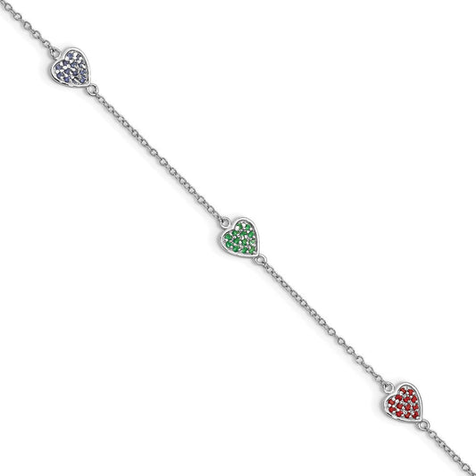 Sterling Silver Rhodium-plated Red, Green and Blue Glass Hearts with 1 Inch Extension Bracelet QG4080-6