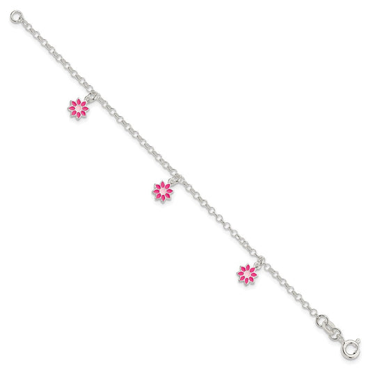 Sterling Silver Polished Pink Enameled Flowers Children's Bracelet QG4089-6
