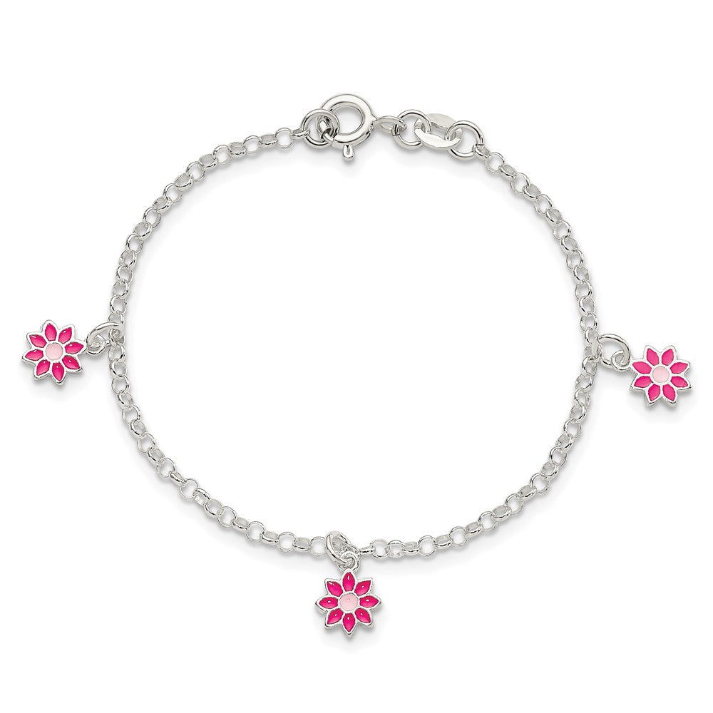 Sterling Silver Polished Pink Enameled Flowers Children's Bracelet QG4089-6