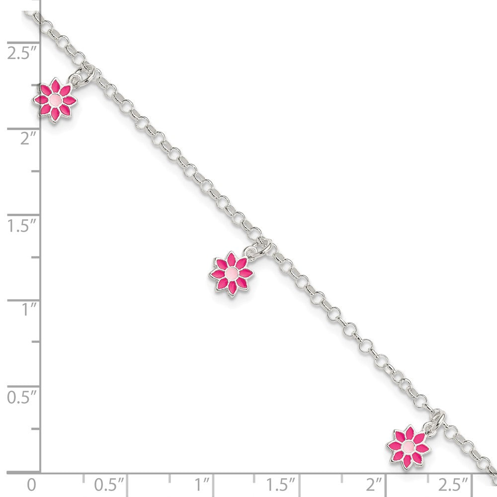 Sterling Silver Polished Pink Enameled Flowers Children's Bracelet QG4089-6