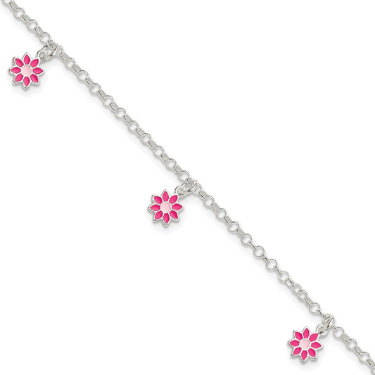 Sterling Silver Polished Pink Enameled Flowers Children's Bracelet QG4089-6