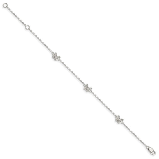 Sterling Silver Rhodium-plated Polished CZ Butterflies 6 inch Bracelet with 1 inch extension QG4098-6