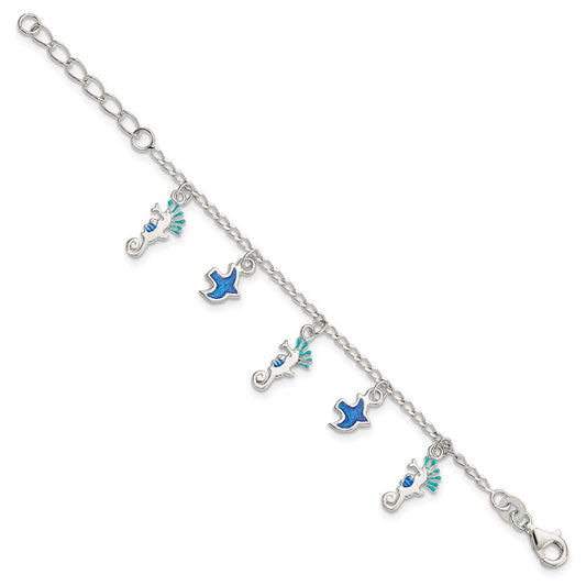 Sterling Silver Enameled Seahorse & Birds w/ 1in ext. Children's Bracelet QG4099-5