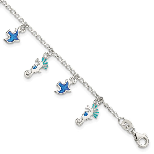 Sterling Silver Enameled Seahorse & Birds w/ 1in ext. Children's Bracelet QG4099-5