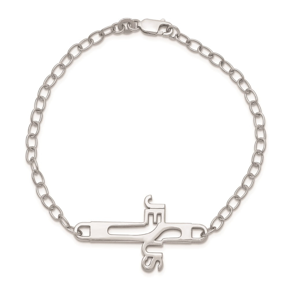 Sterling Silver Rhodium-plated Jesus Cross Womens 7.5in Bracelet QG4152-7.5