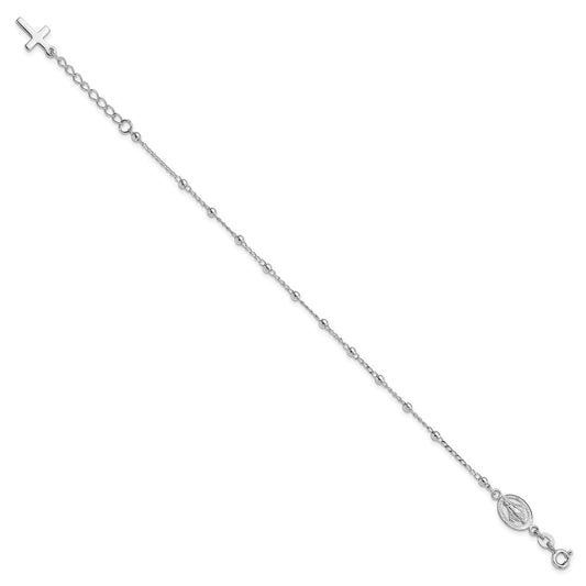 Sterling Silver Rhod-pltd Miraculous Medal/Cross w/1in ext. Bracelet QG4250-7