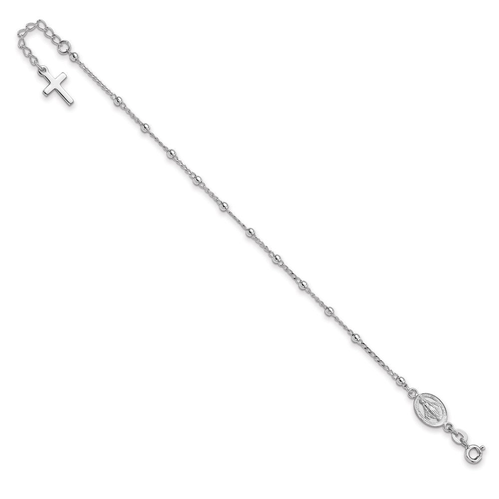 Sterling Silver Rhod-pltd Miraculous Medal/Cross w/1in ext. Bracelet QG4250-7