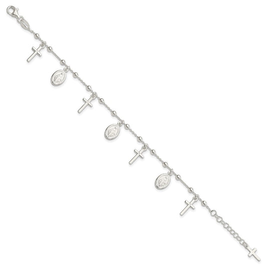 Sterling Silver Polished w/1in ext Cross Miraculous Medal Bracelet QG4251-6.25