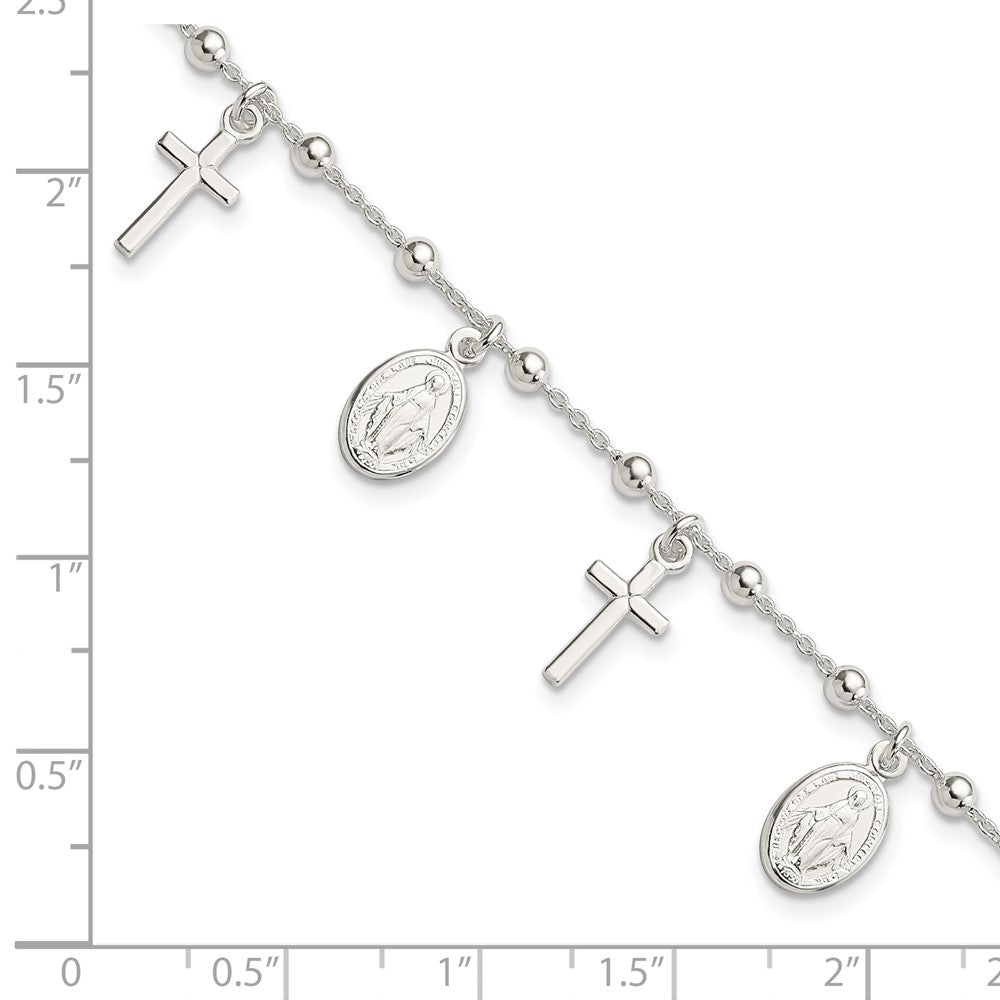 Sterling Silver Polished w/1in ext Cross Miraculous Medal Bracelet QG4251-6.25