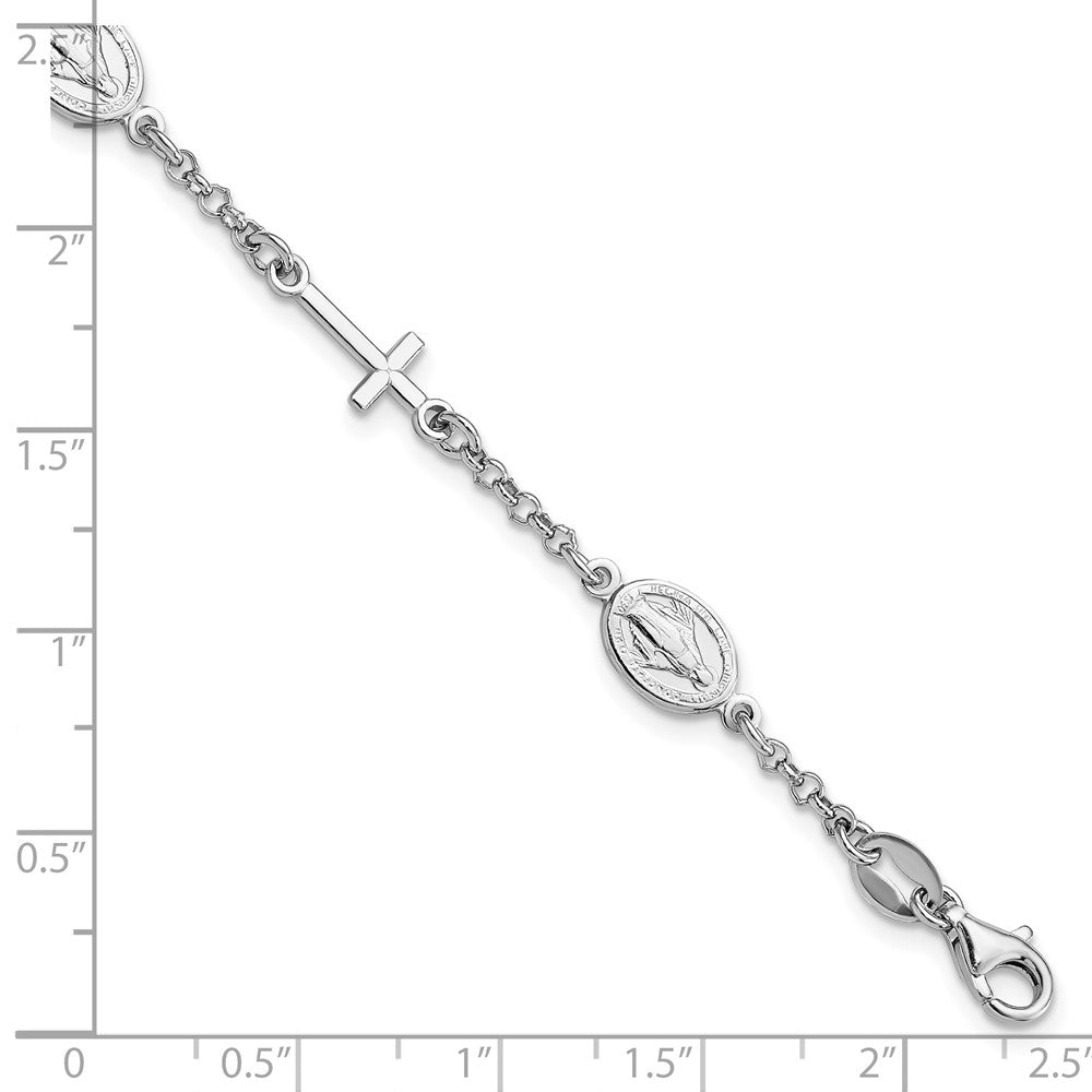 Sterling Silver RH-Plate Cross Miraculous Medal 6in w/1in ext Bracelet QG4256-7.5