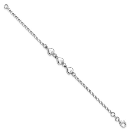 Sterling Silver Rhodium Plated Polished Triple Heart Charm Bracelet QG4596-7