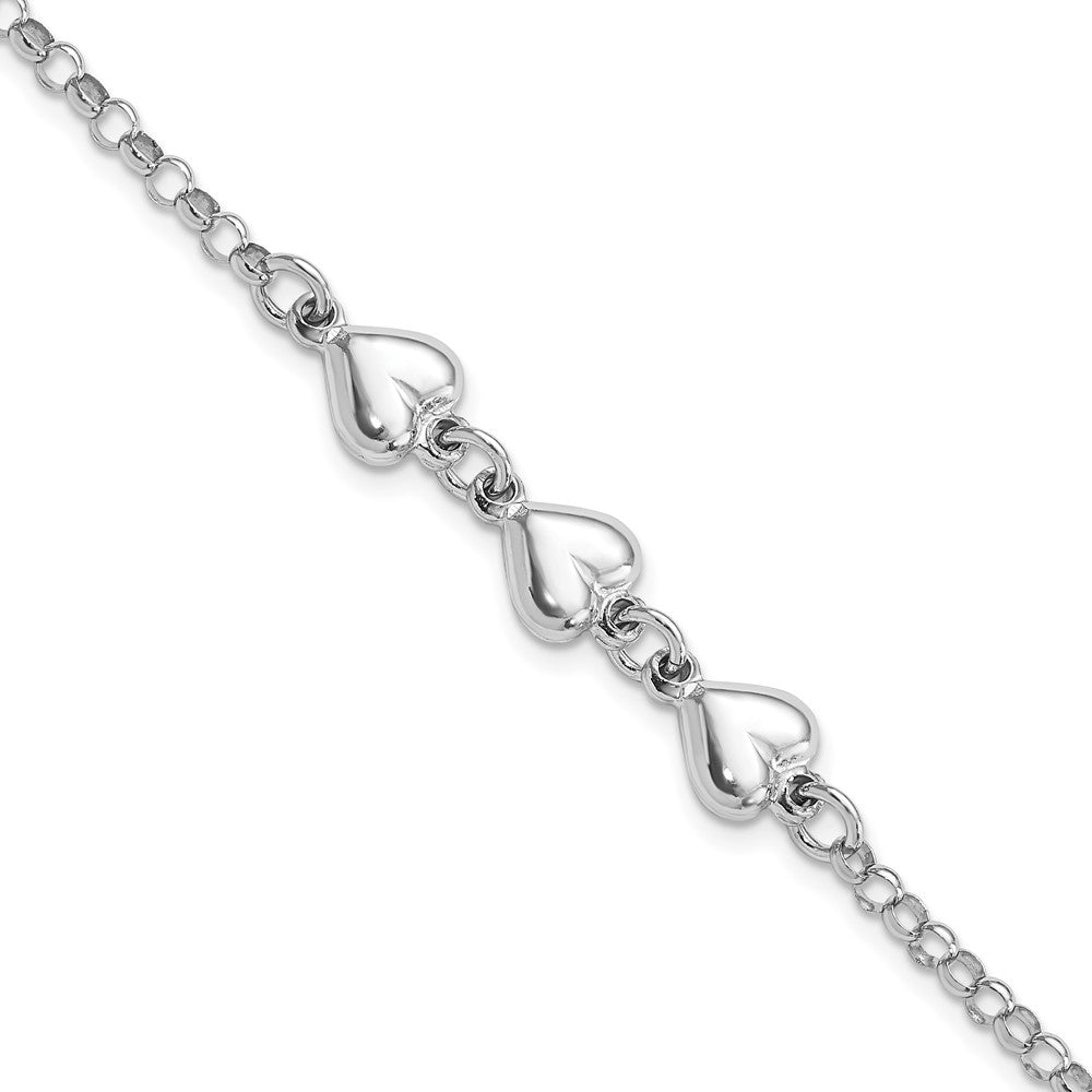 Sterling Silver Rhodium Plated Polished Triple Heart Charm Bracelet QG4596-7
