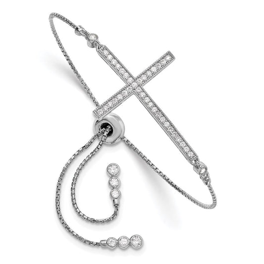 Sterling Silver Rhodium-plated CZ Polished Adjustable Cross Bracelet QG4653