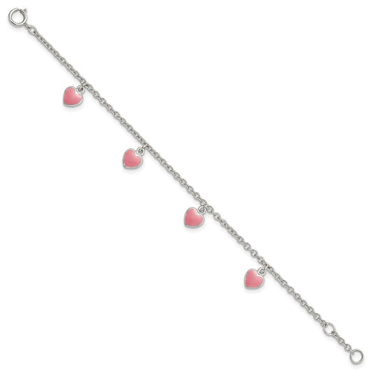 Sterling Silver Rhod-pltd Childs Enamel Hearts 5.5in w/.5in ext Bracelet QG4654-5.5