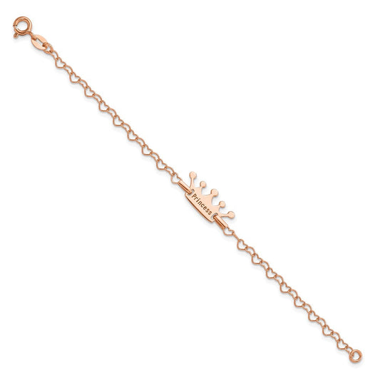 Sterling Silver Rose-tone Princess Crown Heart Link Children's Bracelet QG4657-6