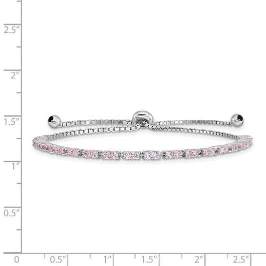 Sterling Silver Rhodium Plated October Pink CZ  Adjustable Bracelet QG4757OCT