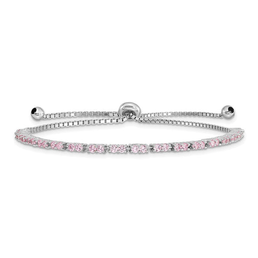 Sterling Silver Rhodium Plated October Pink CZ  Adjustable Bracelet QG4757OCT