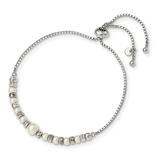 Sterling Silver RH-plated D/C Beads Glass Pearl Adjustable Bracelet QG4762