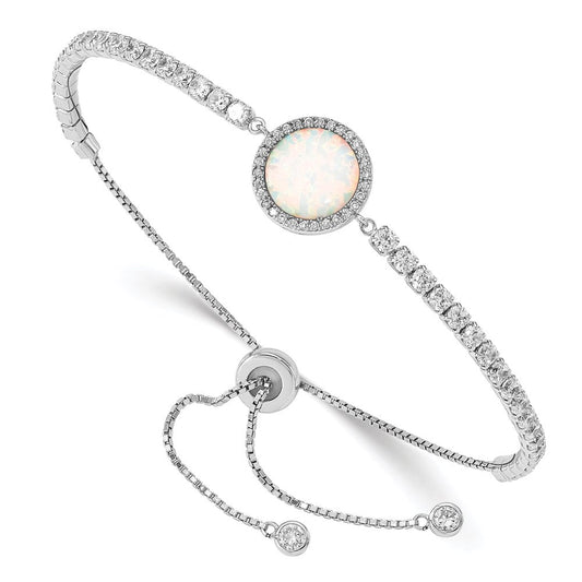 Sterling Silver RH-plated Created Opal and CZ Adjustable Bracelet QG4774