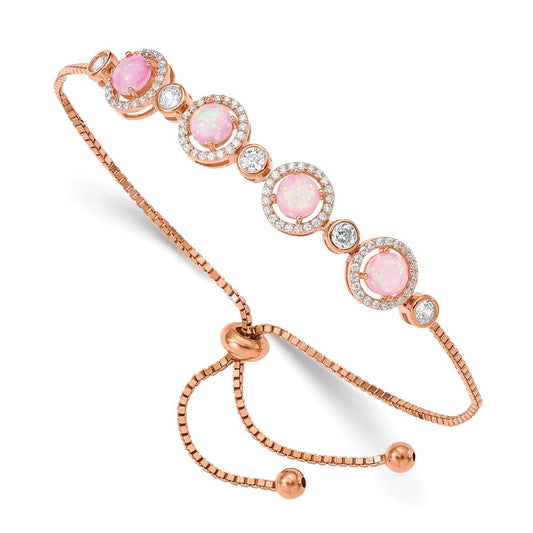 Sterling Silver Rose-tone Created Opal and CZ Adjustable Bracelet QG4775