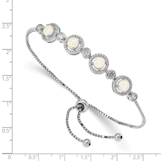 Sterling Silver RH-plated Created Opal and CZ Adjustable Bracelet QG4777
