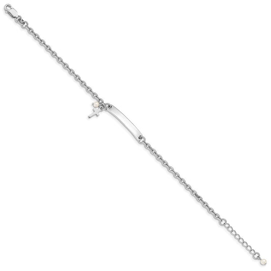 Sterling Silver RH-plated Cross Syn Pearl 6in Plus1in Ext. ID Bracelet QG4799-7
