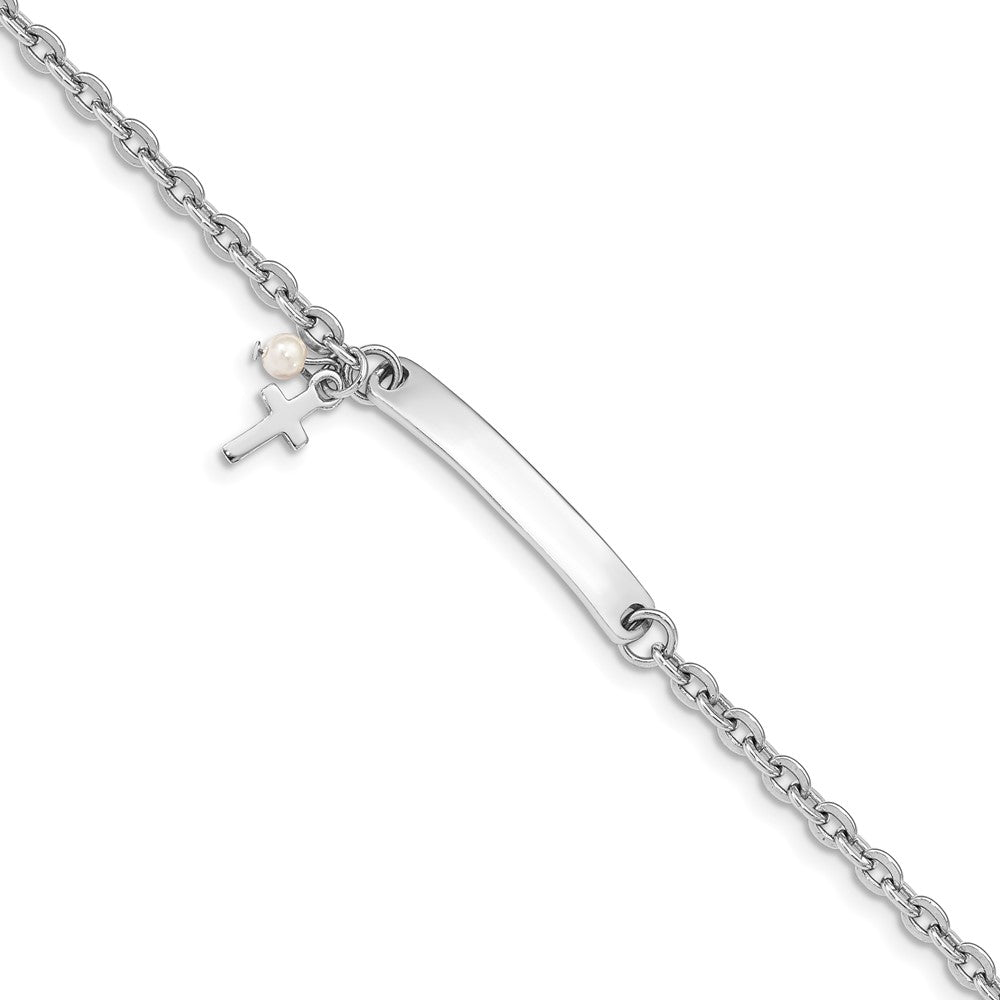 Sterling Silver RH-plated Cross Syn Pearl 5in Plus1in Ext. ID Bracelet QG4799-7