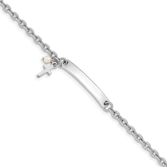 Sterling Silver RH-plated Cross Syn Pearl 5in Plus1in Ext. ID Bracelet QG4799-7