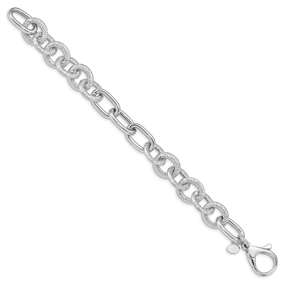 Sterling Silver Rhodium Plated Polished Textured Fancy Link Bracelet QG4845-8