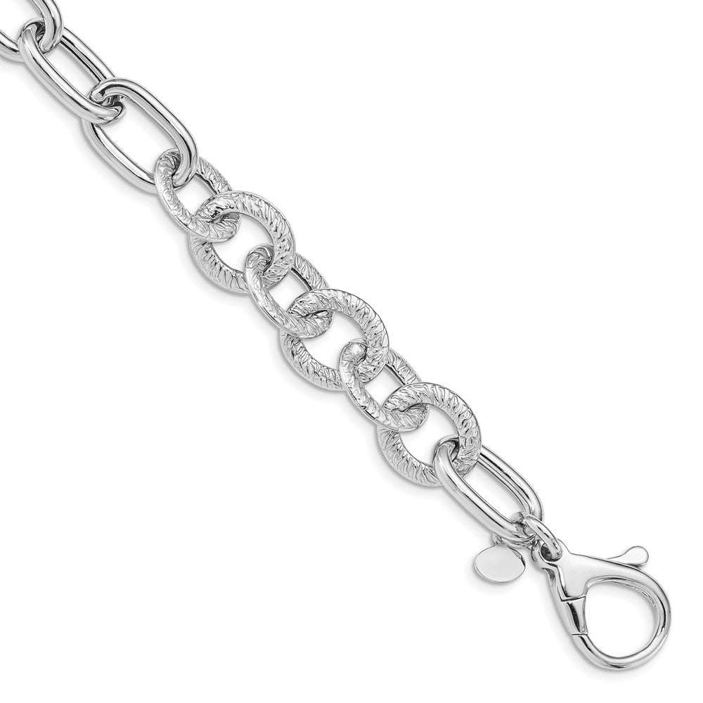 Sterling Silver Rhodium Plated Polished Textured Fancy Link Bracelet QG4845-8