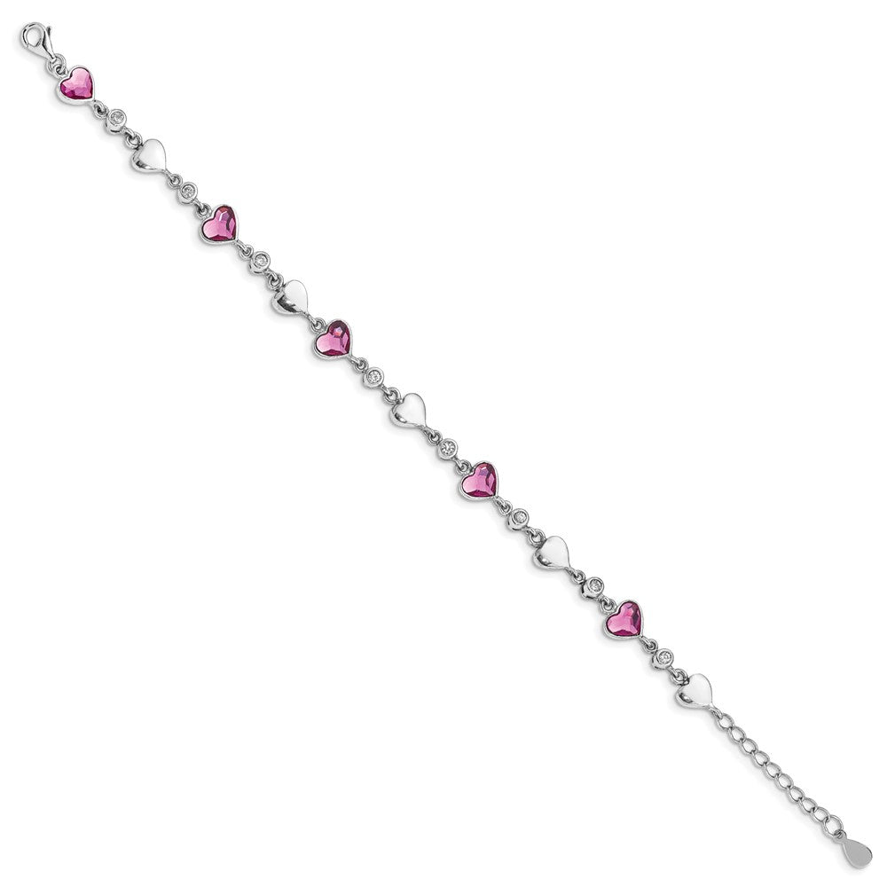 Sterling Silver Rhodium Plated Clear Crystals Pink Heart Crystals and Polished Hearts 6.5 inch Bracelet with 1 inch extension QG4913-6.5
