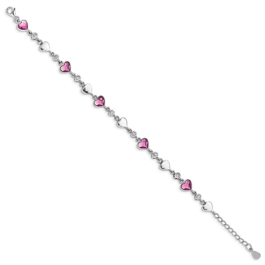 Sterling Silver Rhodium Plated Clear Crystals Pink Heart Crystals and Polished Hearts 6.5 inch Bracelet with 1 inch extension QG4913-6.5