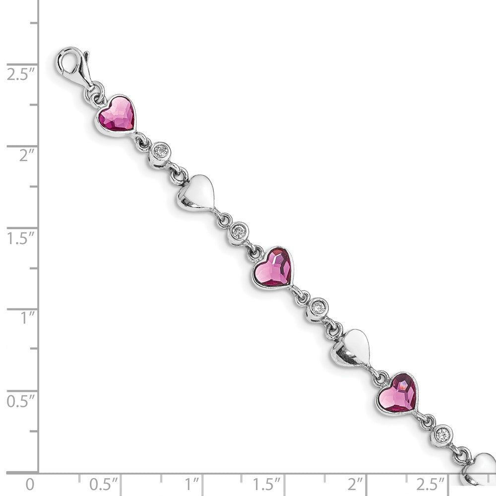 Sterling Silver Rhodium Plated Clear Crystals Pink Heart Crystals and Polished Hearts 6.5 inch Bracelet with 1 inch extension QG4913-6.5