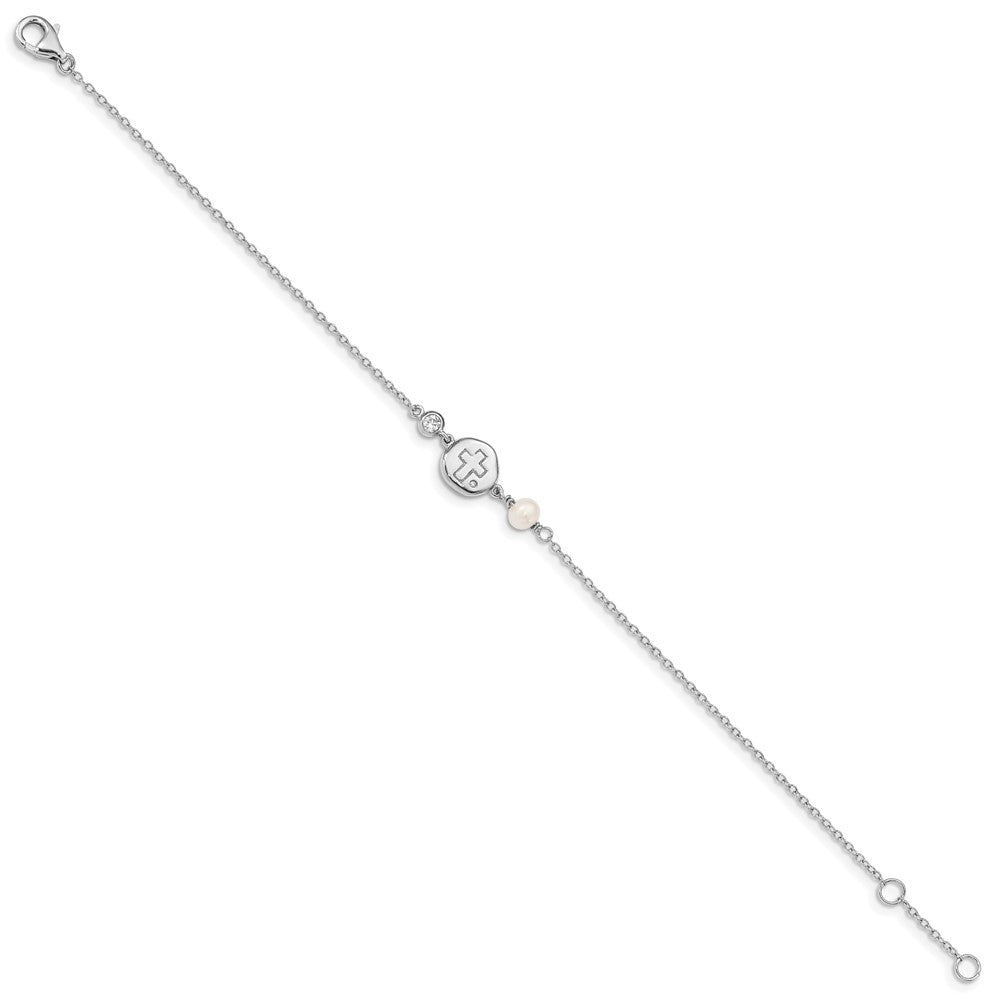 Sterling Silver RH-plated CZ/Cross/FWC Pearl w/0.5in ext Bracelet QG4946-6.75