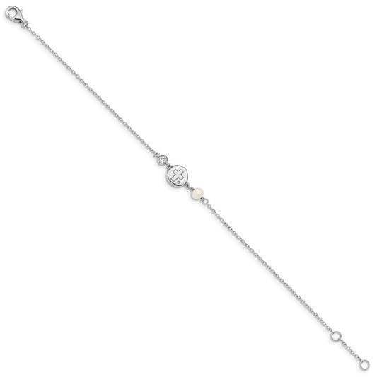 Sterling Silver RH-plated CZ/Cross/FWC Pearl w/0.5in ext Bracelet QG4946-6.75