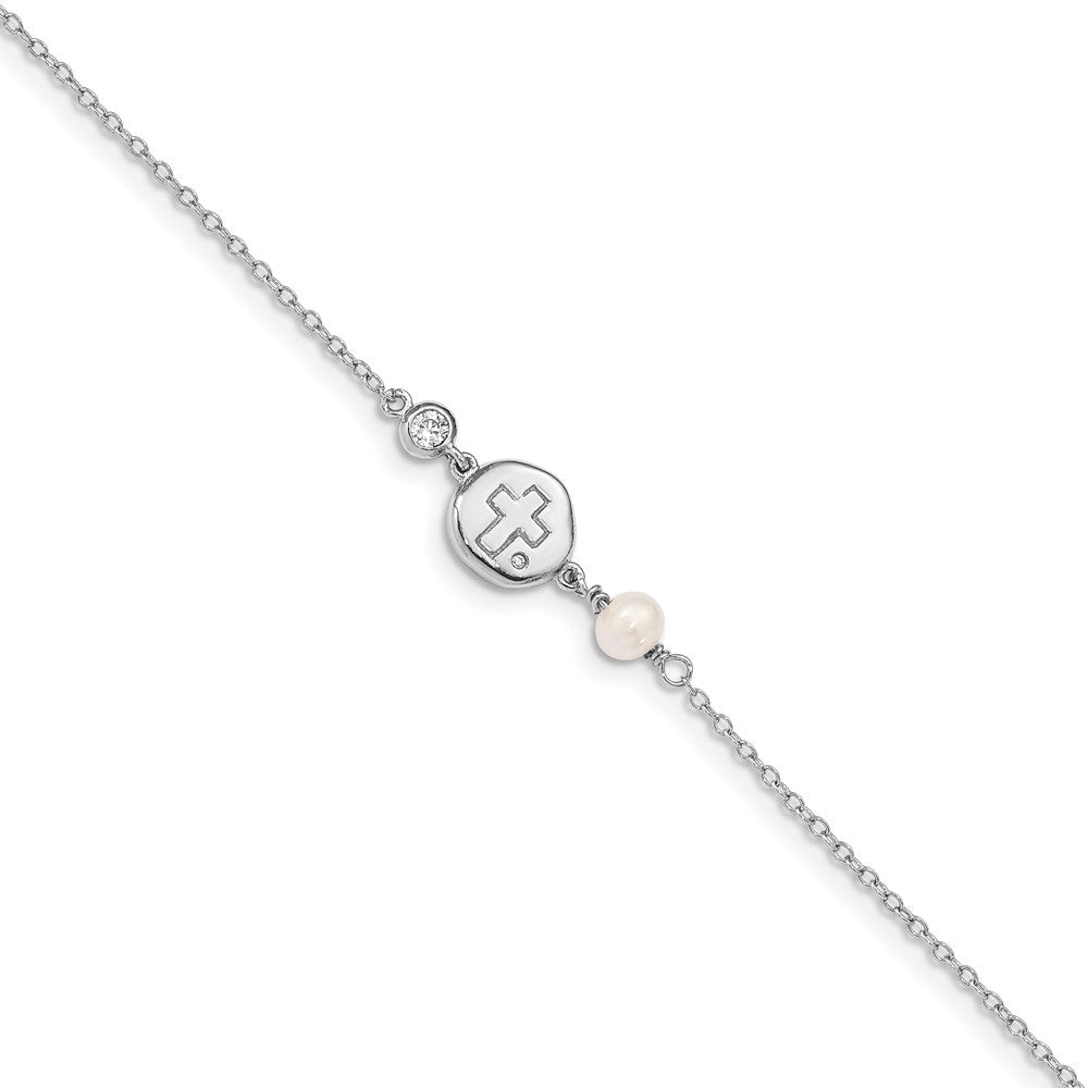 Sterling Silver RH-plated CZ/Cross/FWC Pearl w/0.5in ext Bracelet QG4946-6.75