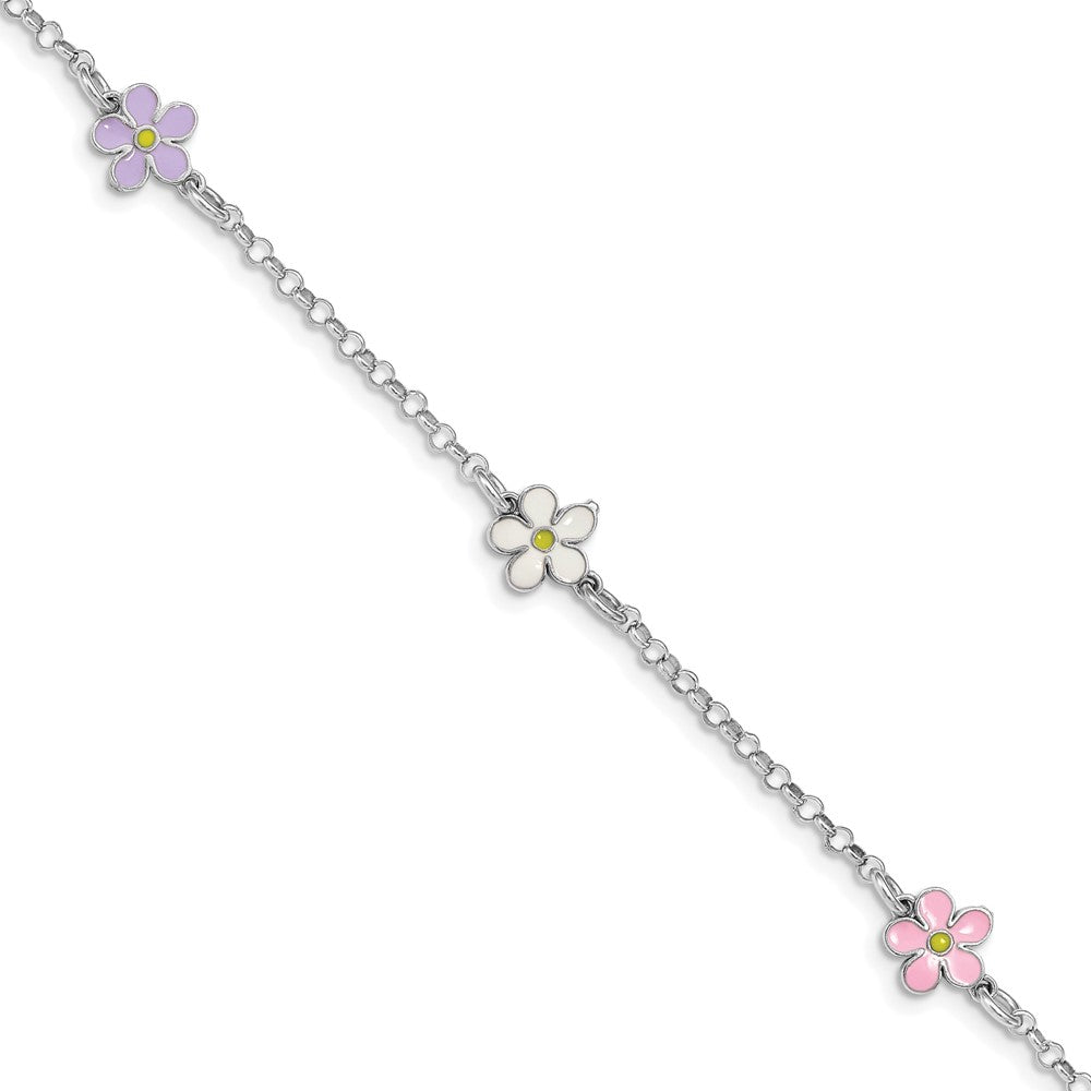 Sterling Silver RH-plated Enameled Flower w/ .75in Ext. Children's Bracelet QG4962-6.25