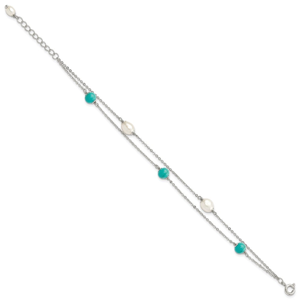 Sterling Silver Rhodium-plated Turquoise/FWC Pearl w/1in Ext Bracelet QG5017-7