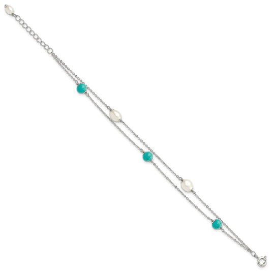 Sterling Silver Rhodium-plated Turquoise/FWC Pearl w/1in Ext Bracelet QG5017-7
