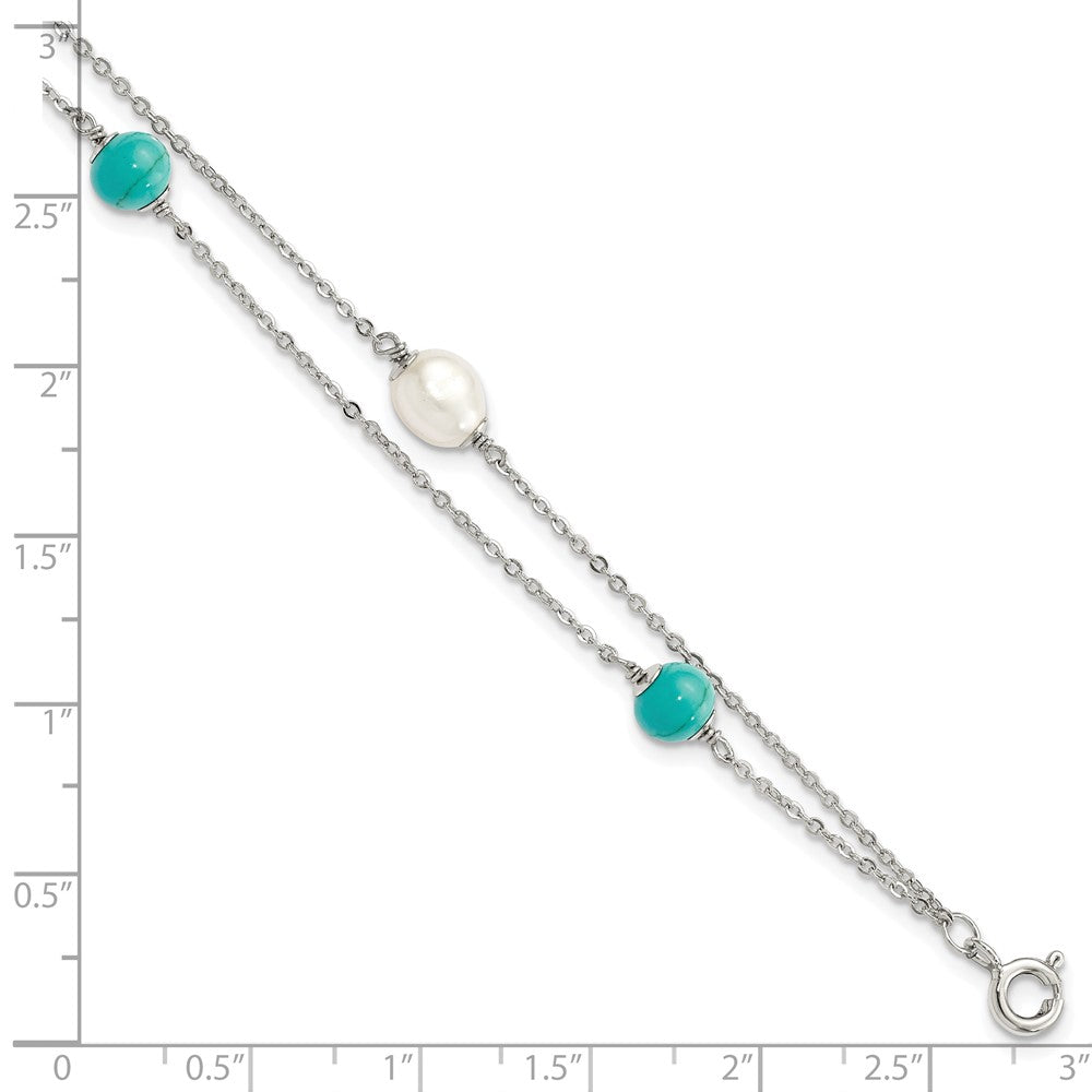 Sterling Silver Rhodium-plated Turquoise/FWC Pearl w/1in Ext Bracelet QG5017-7